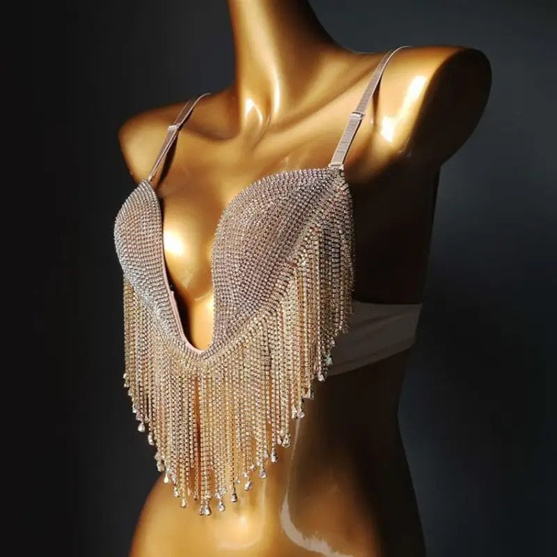 Rhinestone V Shape Tassel Top