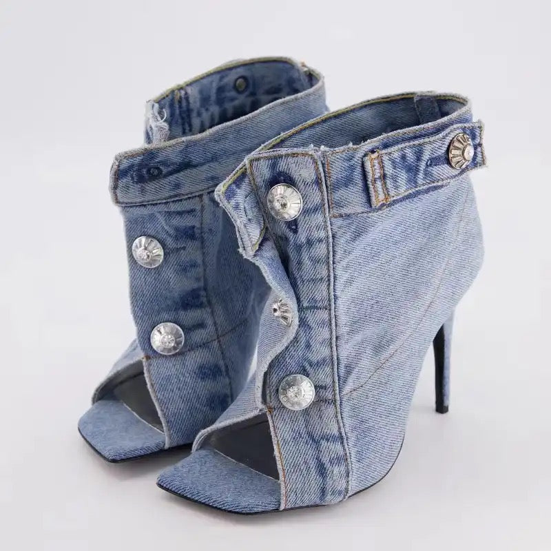 Denim Button Heels