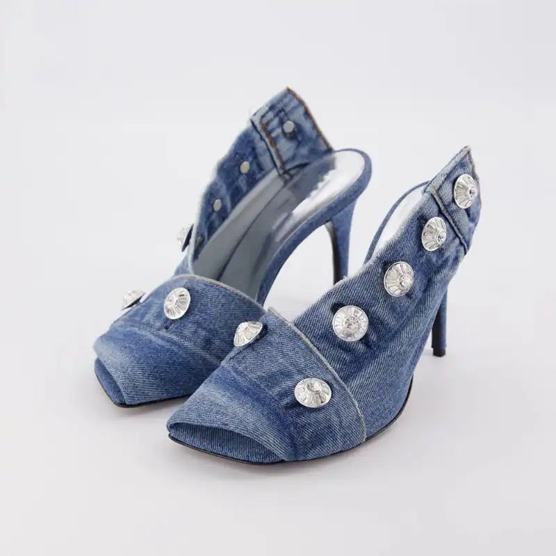 Denim Button Heels