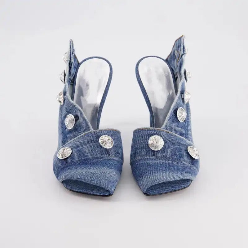 Denim Button Heels