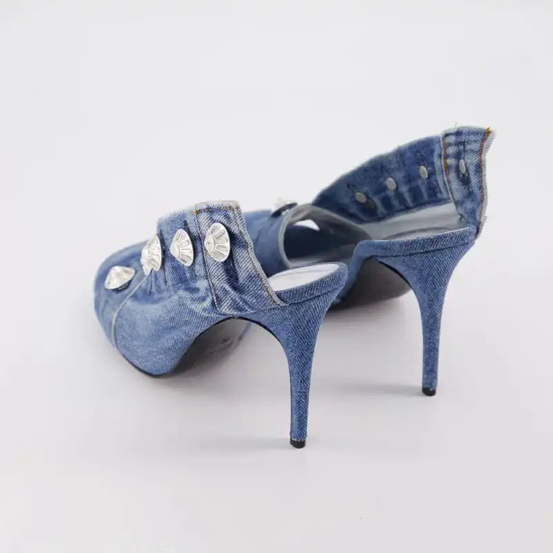 Denim Button Heels