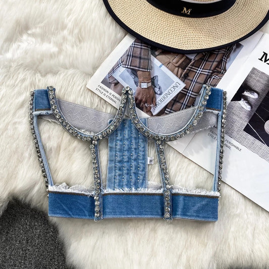 Rhinestone Denim Cut Out Top