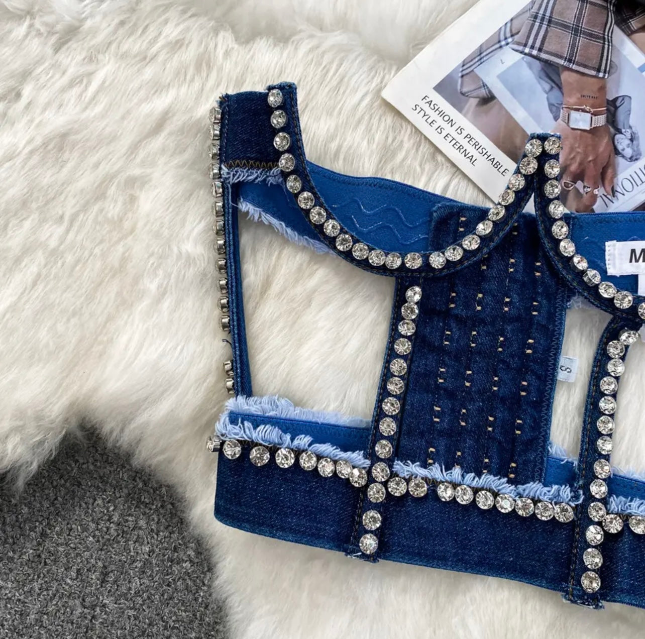 Rhinestone Denim Cut Out Top