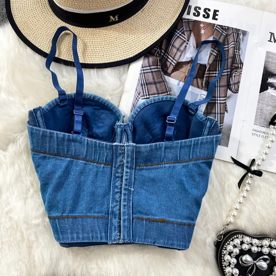 Cross Rhinestone Denim Top