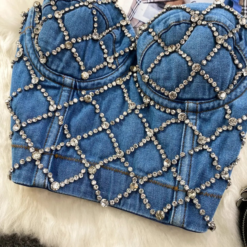 Cross Rhinestone Denim Top