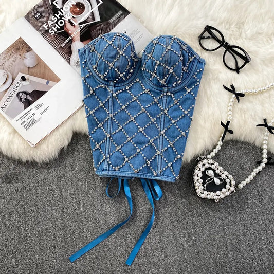 Denim Rhinestone Corset Top