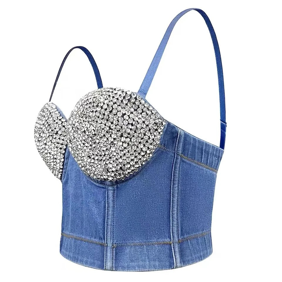 Denim Rhinestone Sexy Bra Top