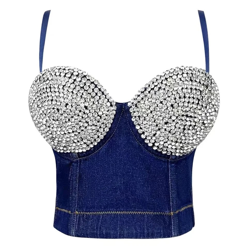 Denim Rhinestone Sexy Bra Top