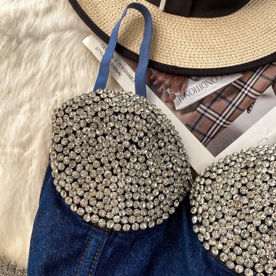 Denim Rhinestone Sexy Bra Top