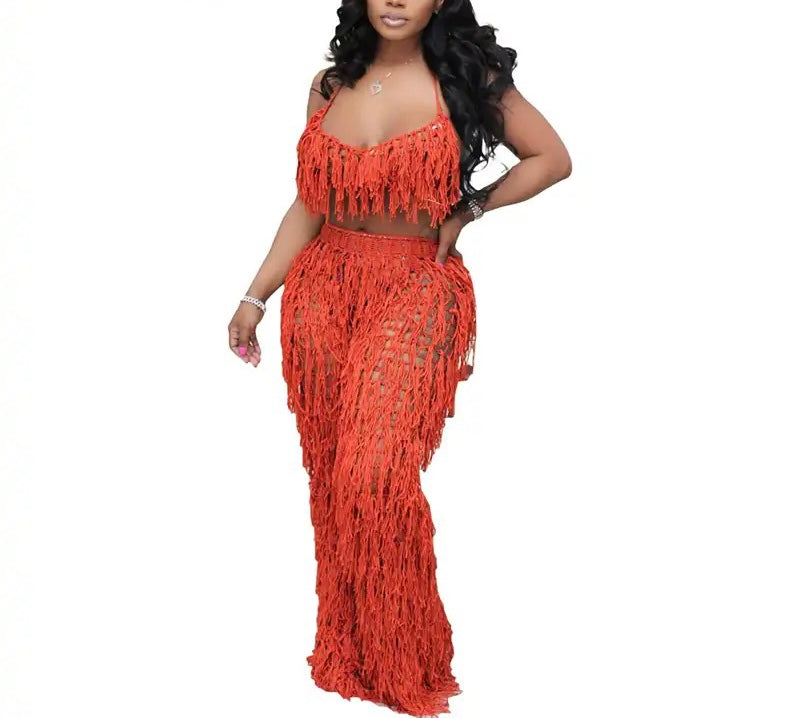 Tassel See Thru Pants Set