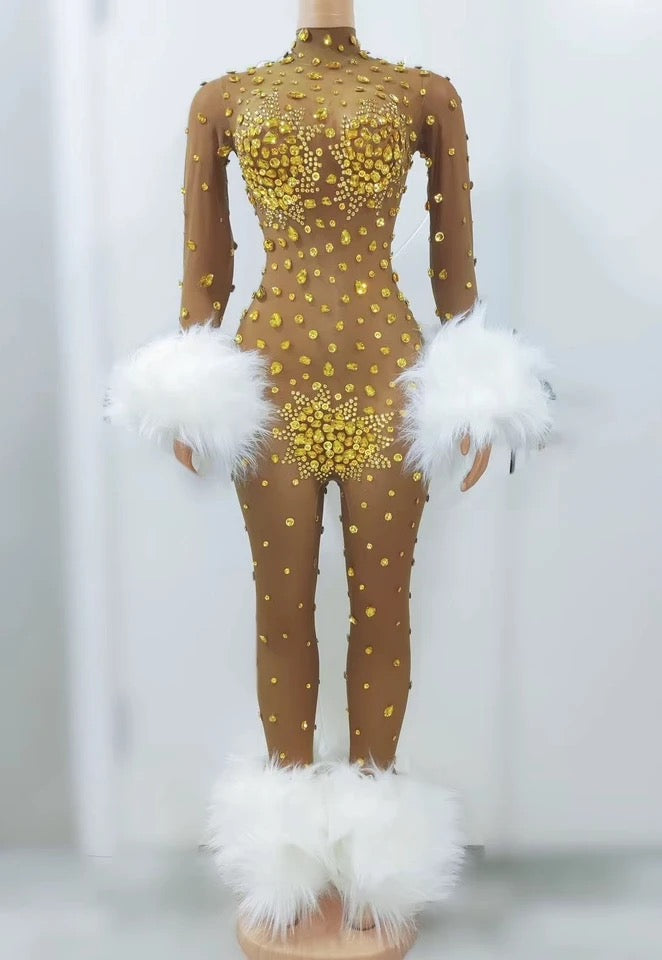 Feather Rhinestone Fitted Jumpsuit