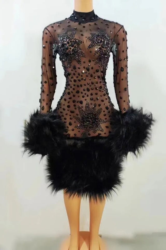 Celebrity Fashion Rhinestone Fur Dress