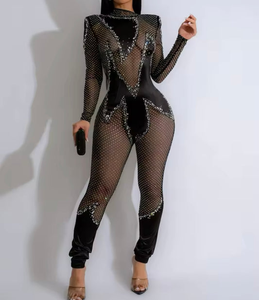Rhinestone Mesh Jumpsuit