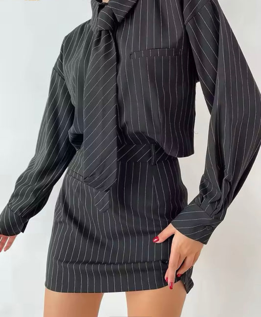 Strips Skirt Set Wit Tie
