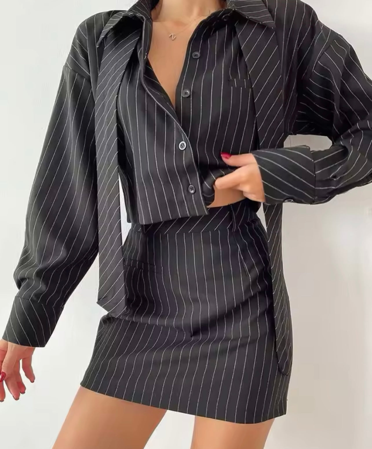 Strips Skirt Set Wit Tie