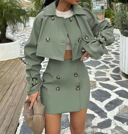 Button Green Skirt Set