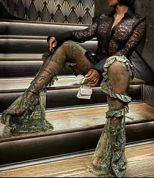 Ruffle Sheer Lace Pants