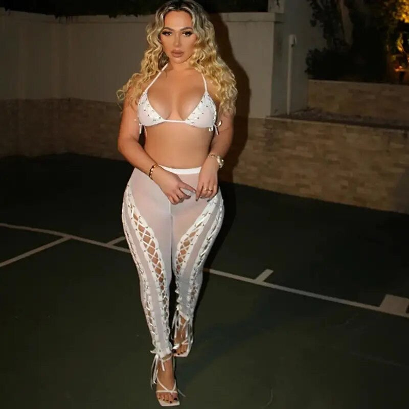 Lace Me Up Sheer Pants Set