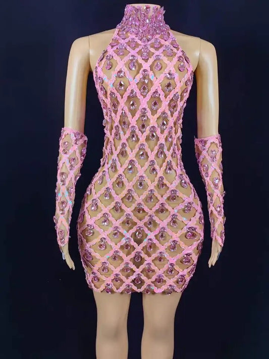Celebrity fashion Pink Rhinestone Dress