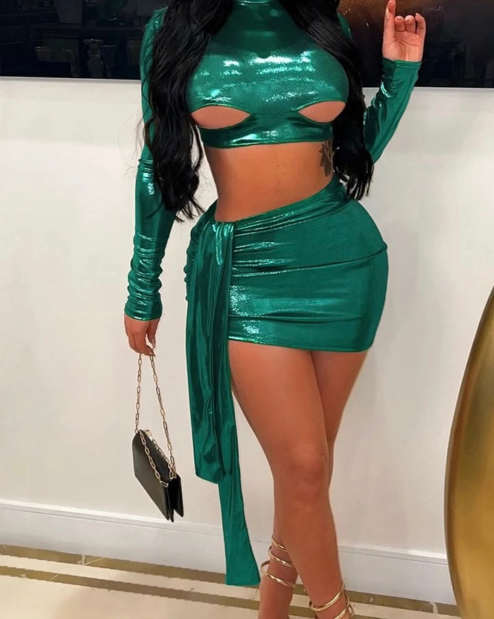 Retro Metallic Teal Skirt Set