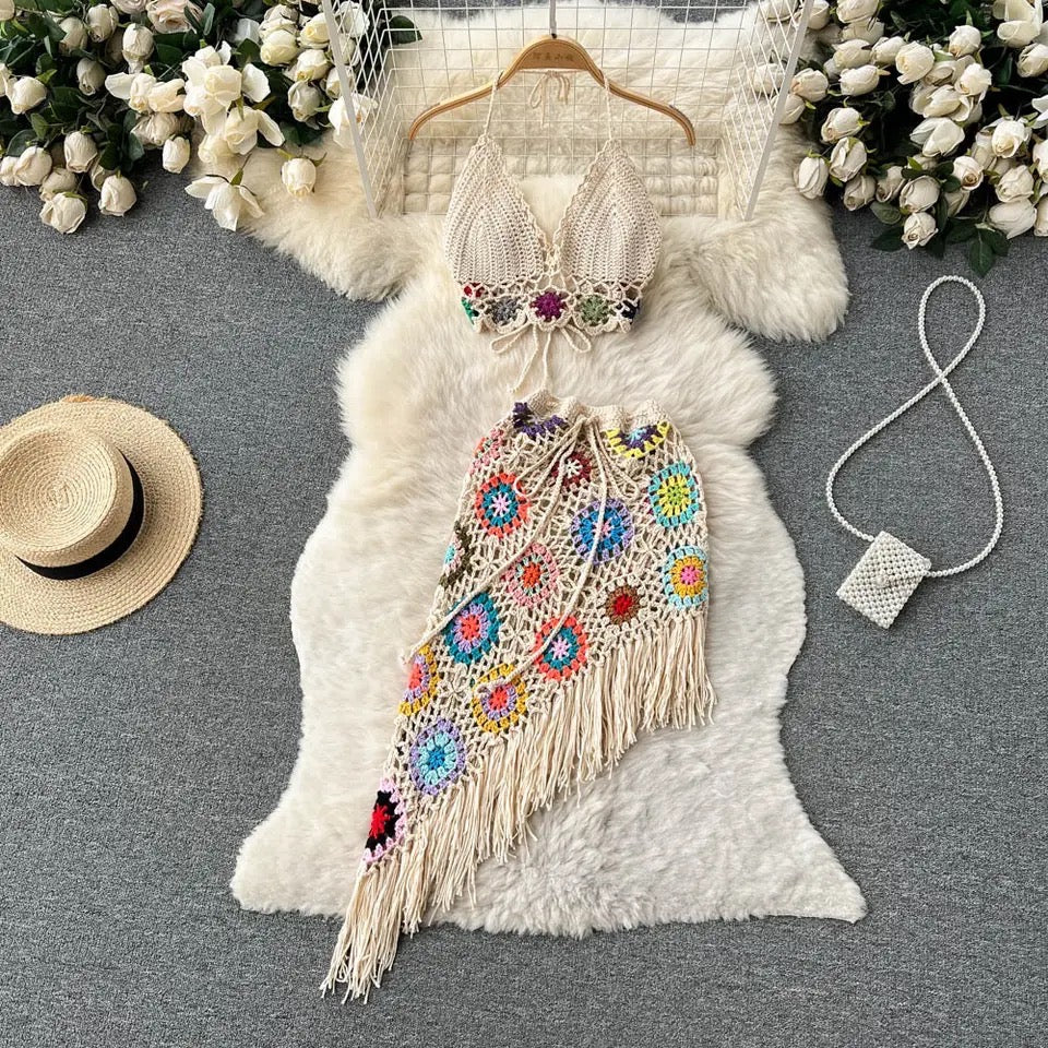 Crochet Tassel Bikini Skirt Set