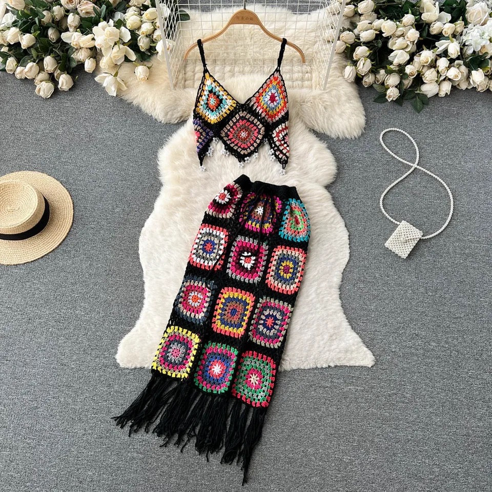 Crochet Tassel Bikini Skirt Set