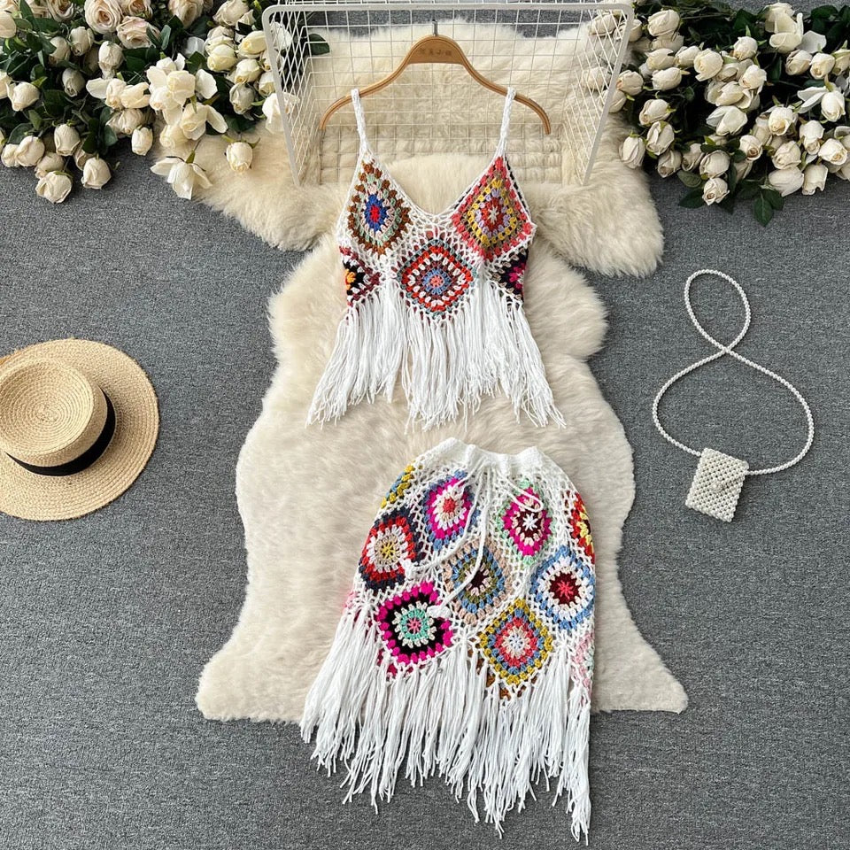 Crochet Tassel Bikini Skirt Set