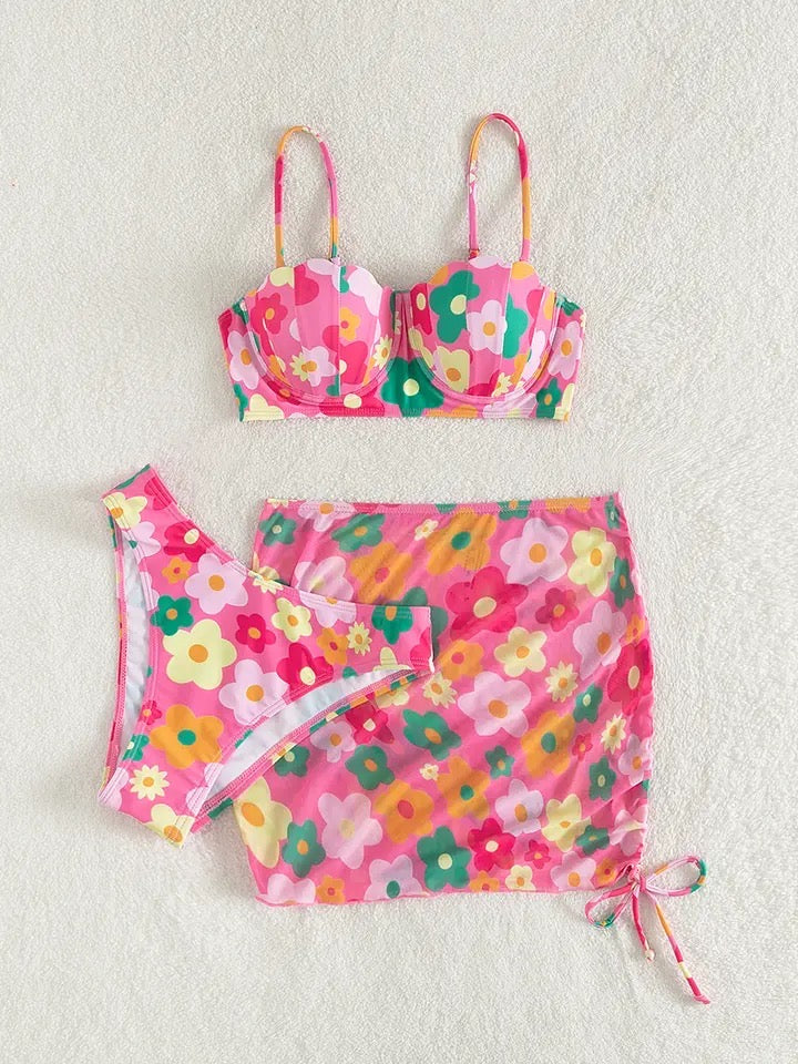 Pink Flower 3 Piece Bikini Set