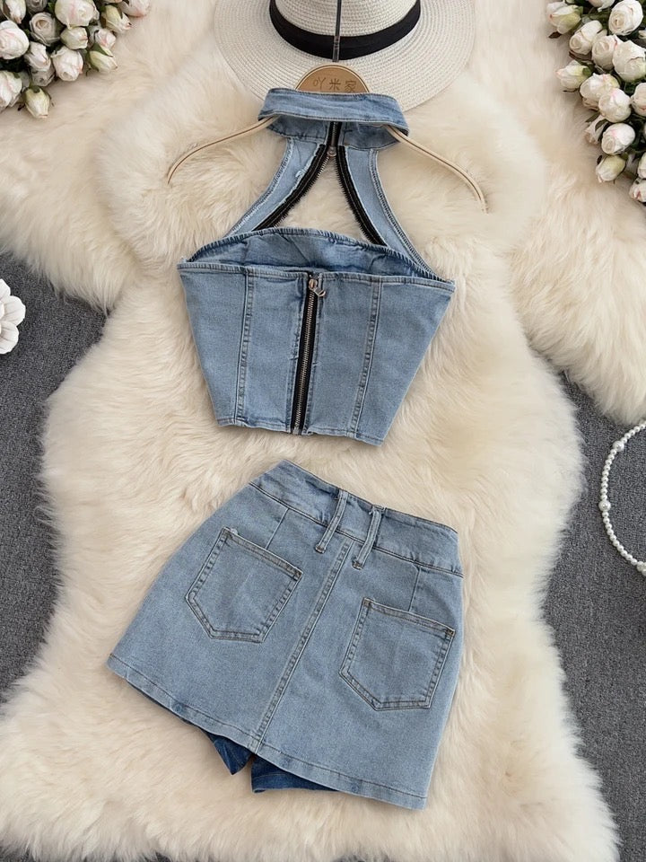 Denim Mini Skirt Set
