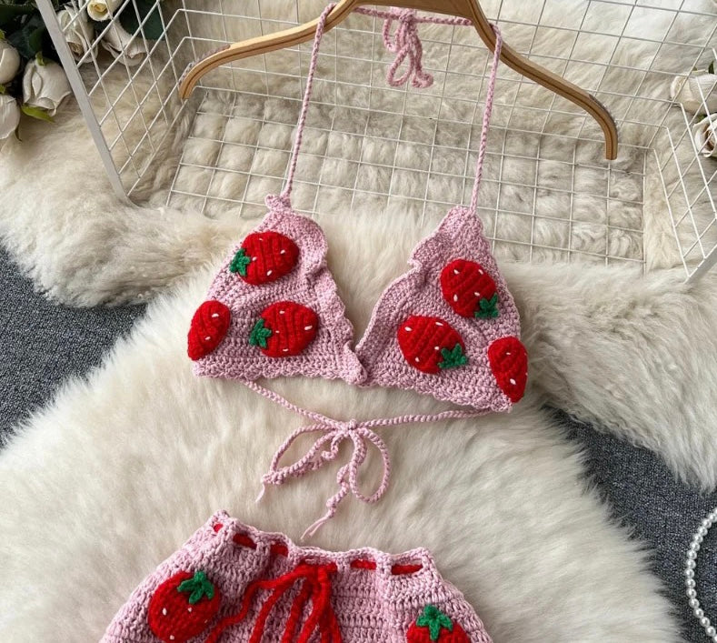 3D Strawberry Skirt Set Swimwear