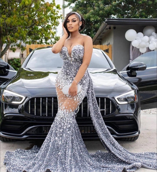 Rhinestone Sheer Elegant Prom Dress