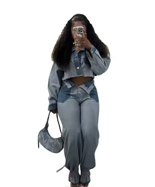 Denim Patchwork Pants Set