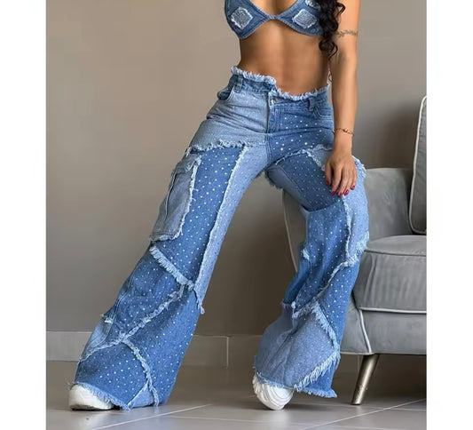 Denim Wide Leg Patch Pants