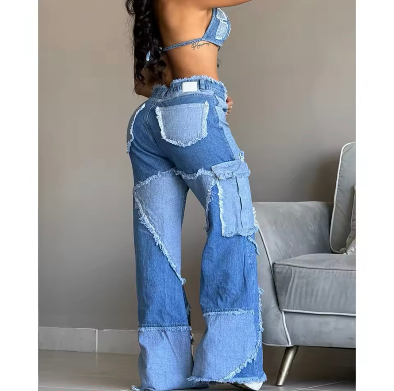 Denim Wide Leg Patch Pants