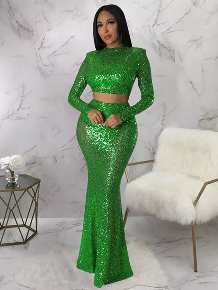 Sexy Long Sequin Skirt Set