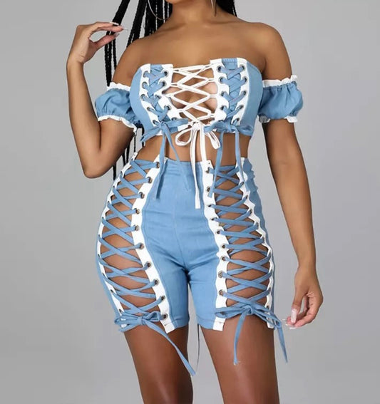 Off Shoulder Lace Short Set