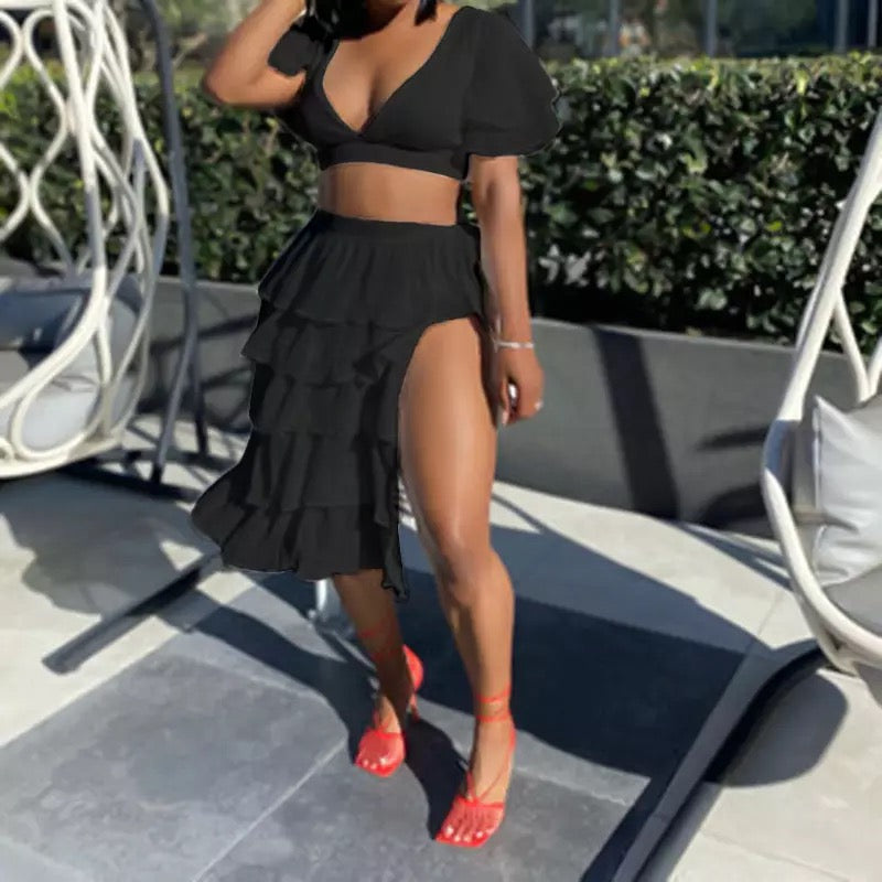 Plus Size Ruffle Split Skirt Set