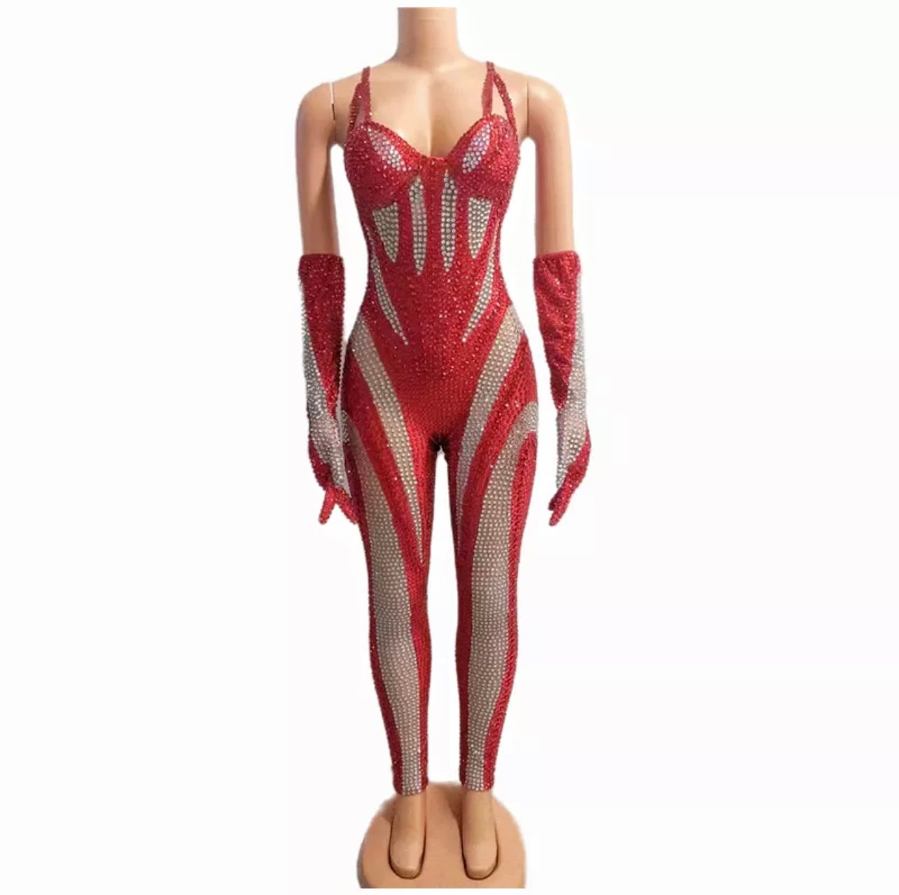 Rhinestone With Gloves Sexy Jumpsuit