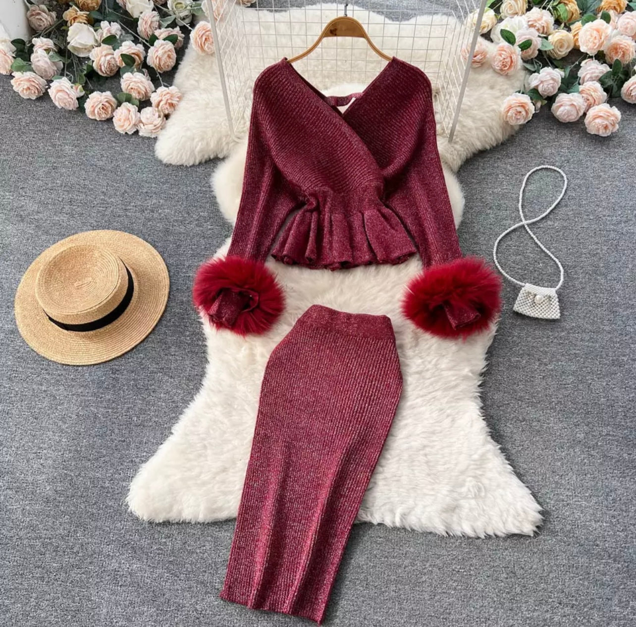 Classy Fur Arm Skirt Set