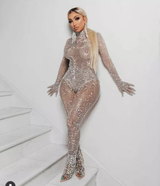 Rhinestone long sleeve Jumpsuit Pants