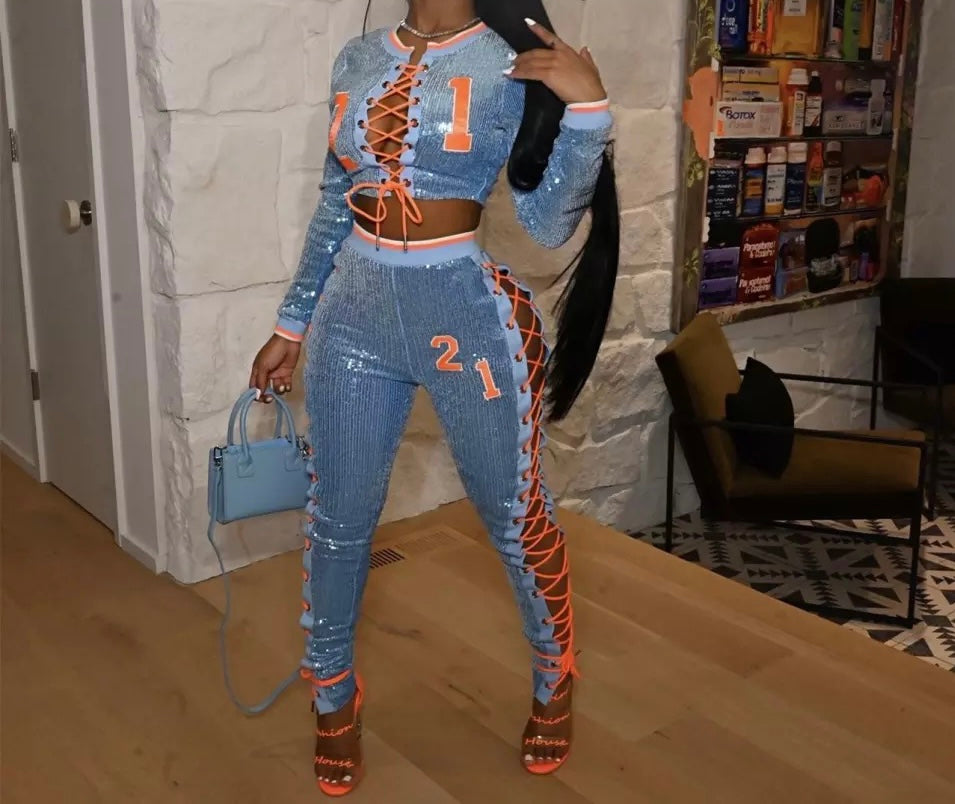 Sequence Lace Pants Set