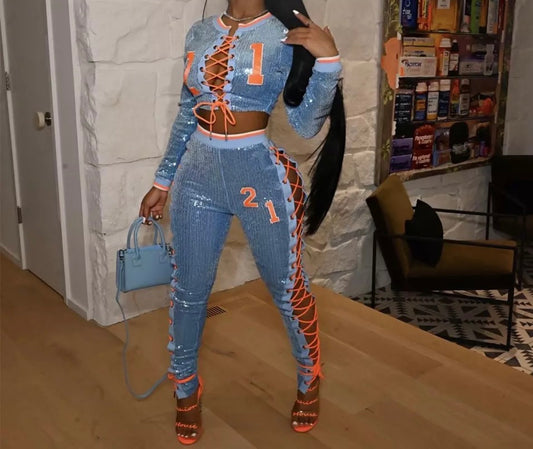 Sequence Lace Pants Set