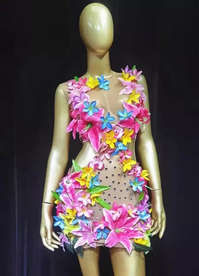 Nude Crystal Flower Dress