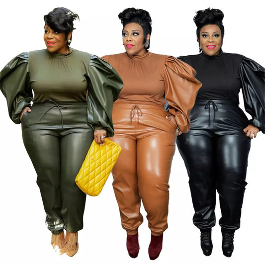 Plus Size Puff Sleeve Pants Set
