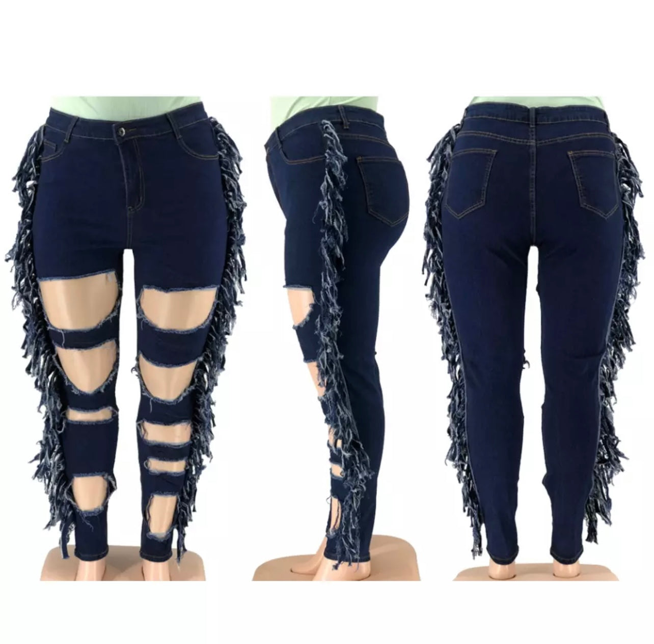 Plus Size Ripped Tassel Pants