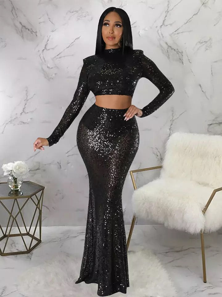Sexy Long Sequin Skirt Set