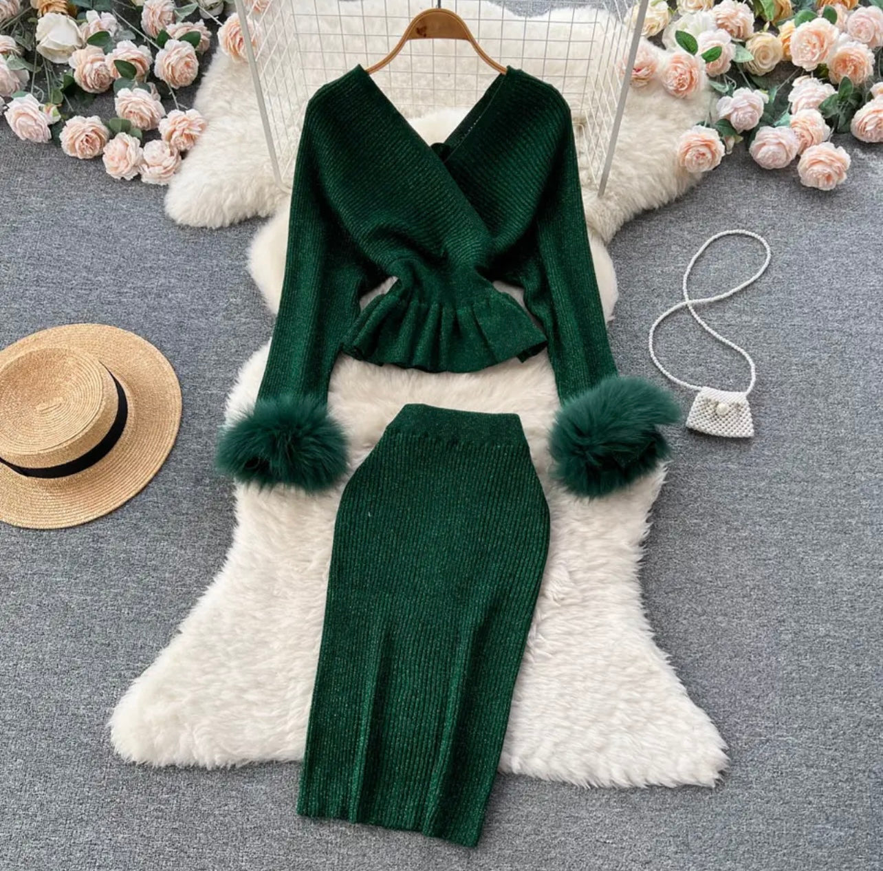 Classy Fur Arm Skirt Set