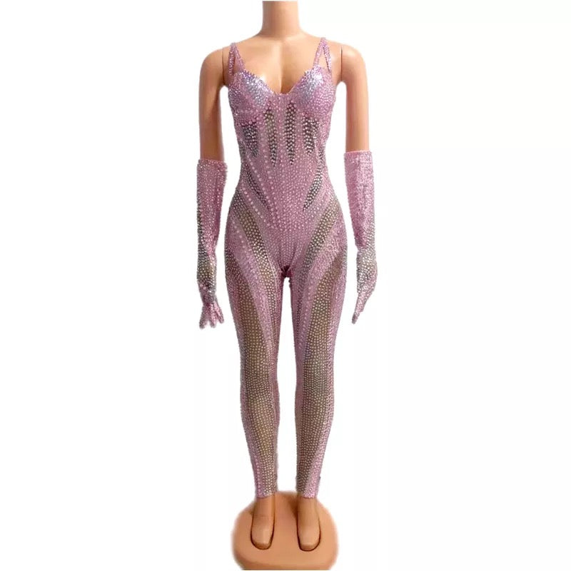 Rhinestone With Gloves Sexy Jumpsuit