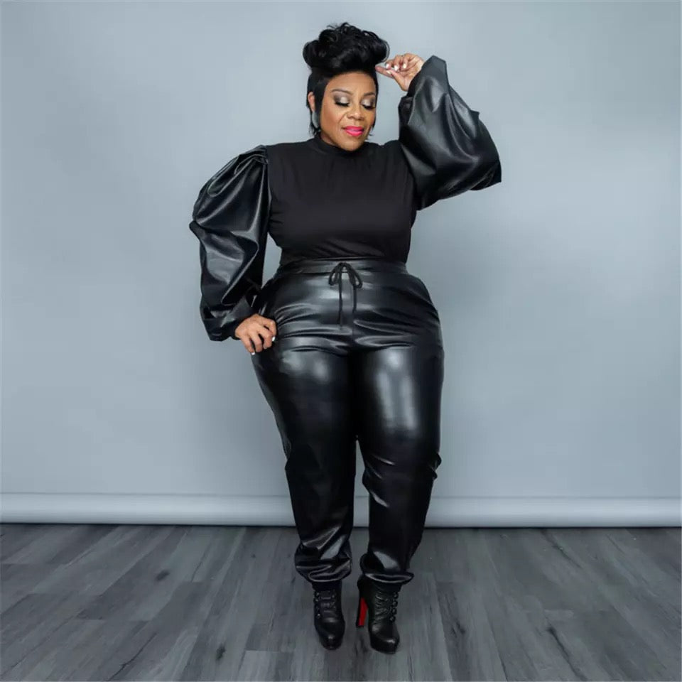 Plus Size Puff Sleeve Pants Set