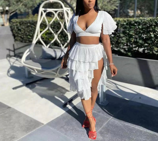 Plus Size Ruffle Split Skirt Set